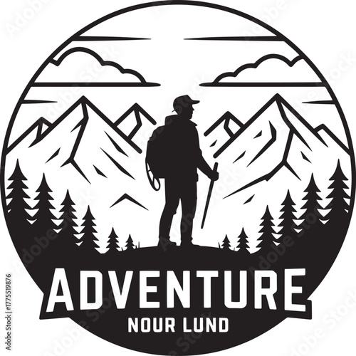 Silhouette hiker with backpack and walking stick against mountain landscape vector