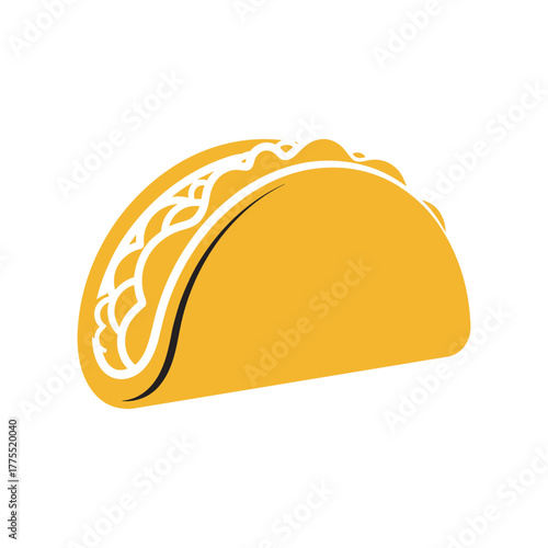 Illustration of a taco with a yellow shell and white filling on a white background.
