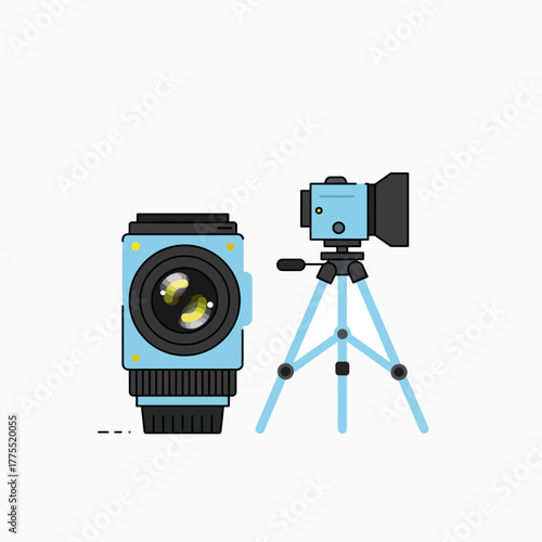 Flat design illustration featuring a professional camera lens and a compact camera on a tripod, both in light blue.