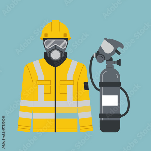 A flat illustration of firefighter personal protective equipment including a helmet, mask, jacket, and oxygen tank on a blue background.