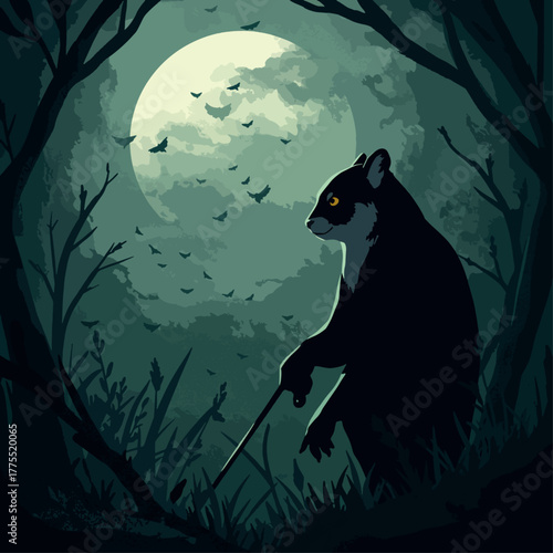 A black cat-like creature with glowing eyes holds a stick in a dark forest under a full moon with flying bats.