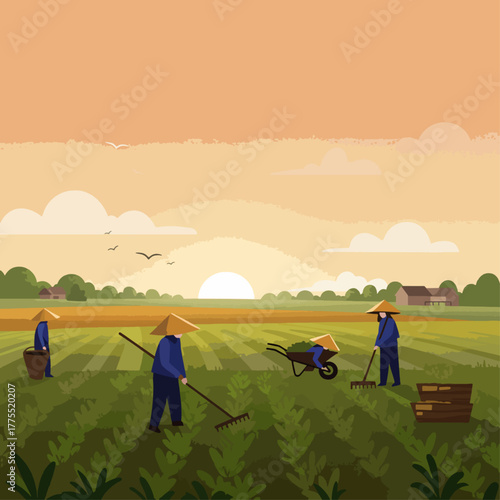 Farmers working in green fields during a beautiful sunset, cultivating crops in a traditional agricultural landscape.