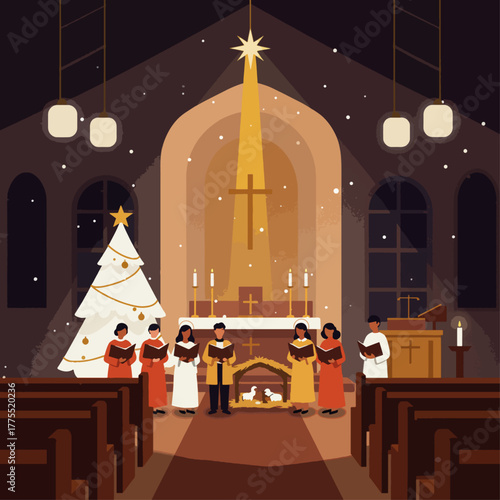 A diverse choir sings carols in a beautifully decorated church during a Christmas Eve service, featuring a nativity scene, altar, and illuminated star.