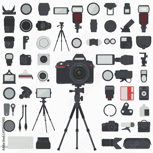 A comprehensive flat lay collection of various photography equipment and accessories on a white background.