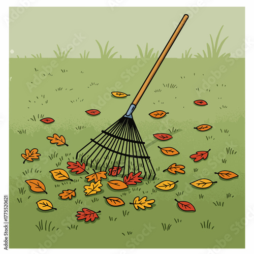 A rake is shown in a green lawn, gathering colorful autumn leaves in shades of red, orange, and yellow, depicting a common fall yard chore.