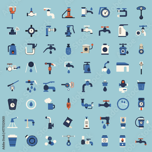 A collection of flat design icons depicting various water taps, faucets, pumps, and related plumbing fixtures, illustrating water usage and supply.