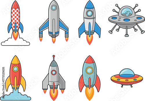 Cartoon rocket and UFO illustration set, colorful space vehicles, flying saucer, spaceship design, cosmic exploration, children artwork, fantasy galaxy, outer universe