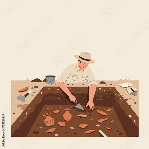 Archaeologist carefully excavating ancient pottery shards and artifacts in a historical dig site.