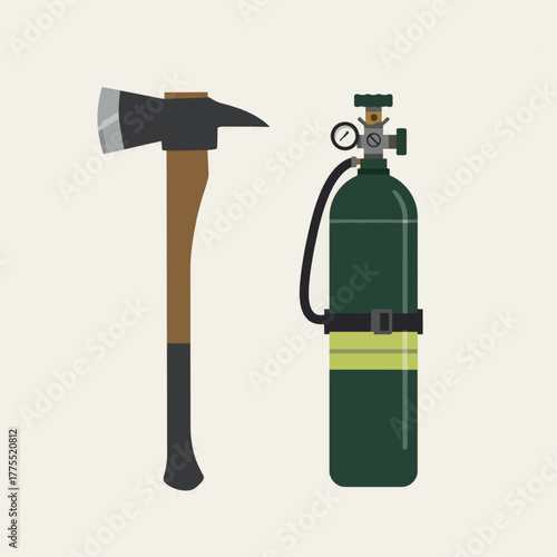 A firefighter's axe and an oxygen tank with a gauge and hose, essential emergency equipment.