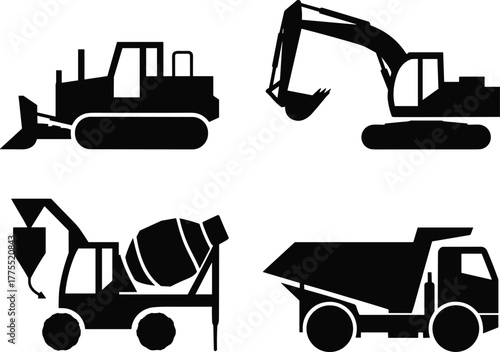 Construction vehicles silhouettes, bulldozer icon, excavator symbol, concrete mixer truck vector, dump truck illustration, heavy machinery artwork, earthmoving equipment, industrial transport design