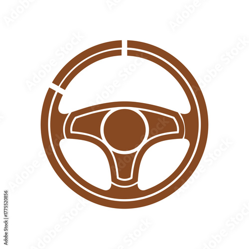 A simple brown graphic illustration of a classic car steering wheel isolated on a white background.