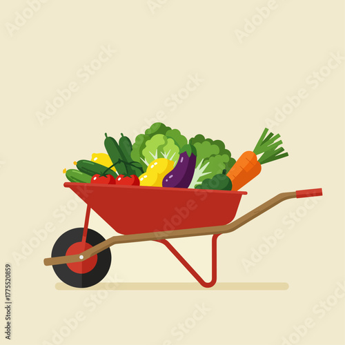 A red wheelbarrow overflowing with a colorful assortment of fresh garden vegetables, including carrots, cucumbers, lettuce, peppers, and eggplant, against a plain background.
