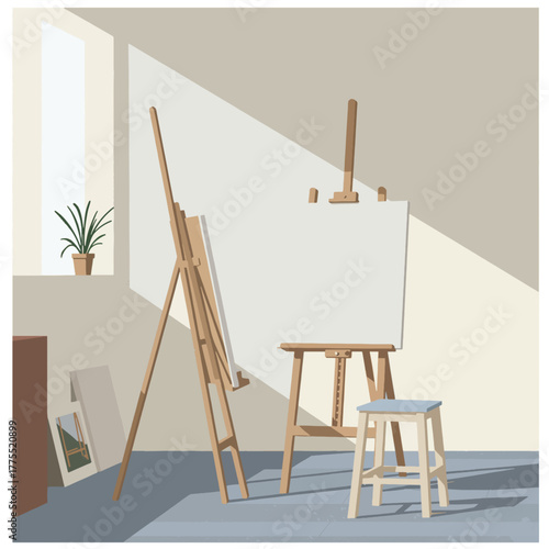 Bright and minimalist artist's studio with easels, blank canvas, and sunlight streaming through a window.