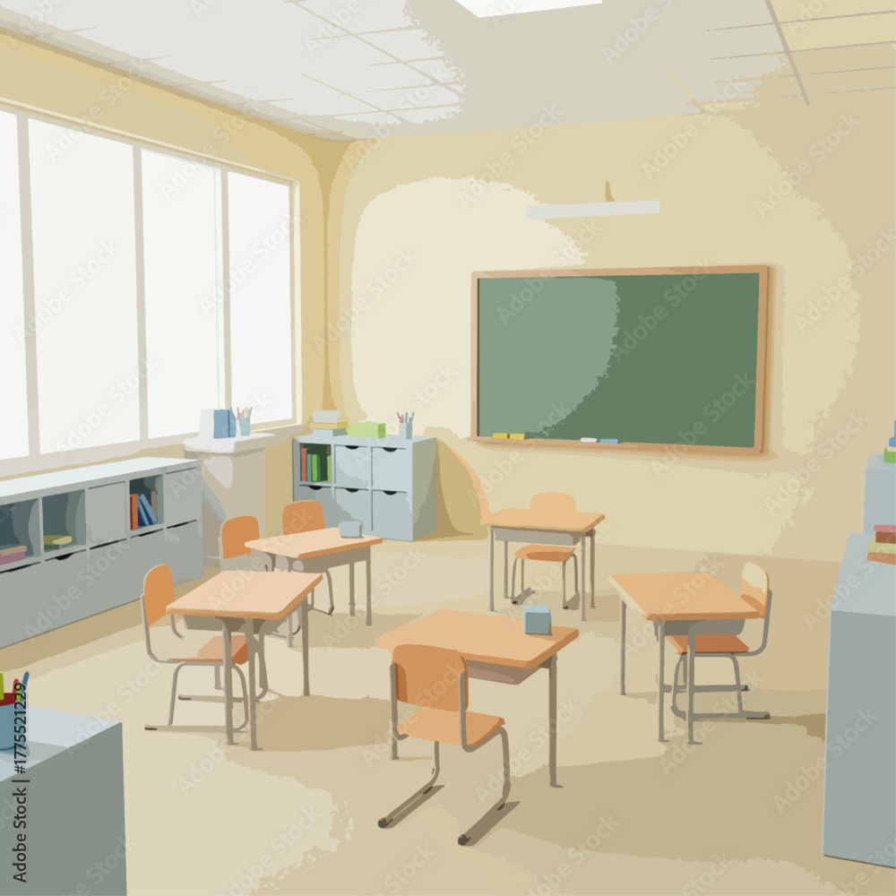 Fototapeta premium An empty classroom with desks, chairs, a blackboard, and large windows, suggesting a learning environment.
