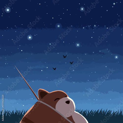 A cozy brown cartoon animal sits peacefully under a beautiful, star-filled night sky.