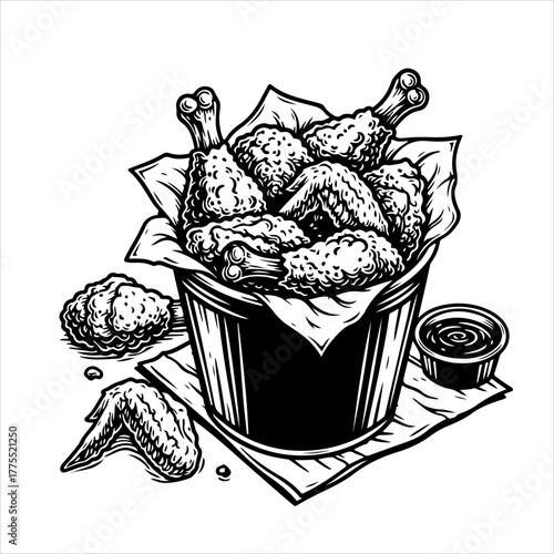 A detailed black and white illustration of a bucket of crispy fried chicken with dipping sauce.