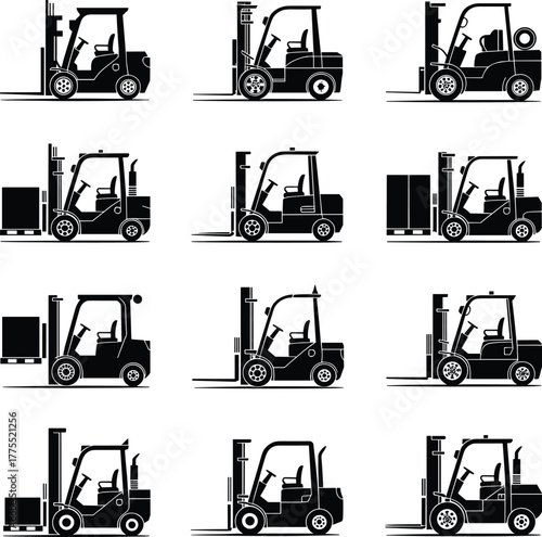 Forklift illustration set, black and white vector, warehouse equipment, industrial vehicle, pallet lifting, logistics machinery, cargo handling, material transport, storage operations