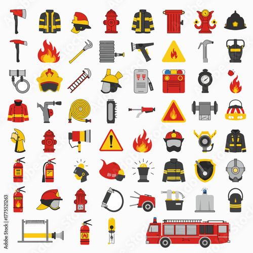 A comprehensive collection of flat design icons representing various firefighting equipment, tools, and safety symbols.