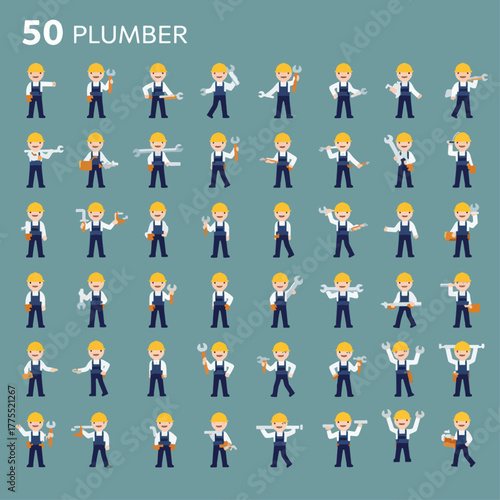 Fifty cartoon plumbers in various poses, wearing overalls and hard hats, on a teal background.