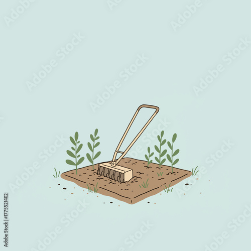 A minimalist illustration of a gardening tool, resembling a rake with a brush head, preparing a small square patch of brown soil with green sprouts.