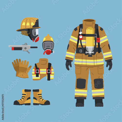 A complete set of firefighter's personal protective equipment and uniform displayed as a collection.