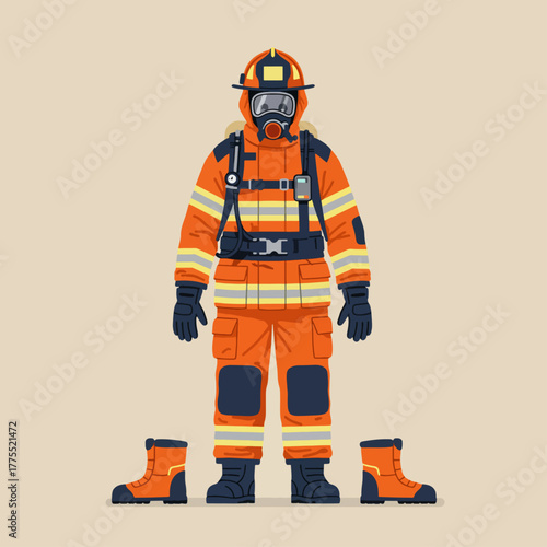 Full body illustration of a firefighter in protective gear, including helmet, mask, jacket, pants, and boots.