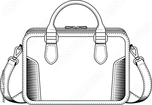 Handbag illustration, fashion accessory drawing, leather purse design, stylish women’s bag, shoulder strap, luxury handbag sketch, designer accessory, black white