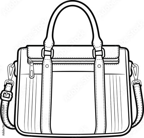 Handbag illustration, fashion accessory drawing, leather purse design, stylish women’s bag, shoulder strap, luxury handbag sketch, designer accessory, structured fashion product, black white