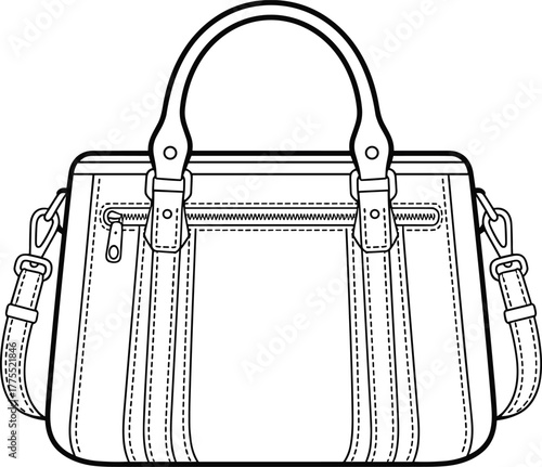 Handbag illustration, fashion accessory drawing, leather purse sketch, stylish tote bag design, shoulder strap bag, detailed line art, vector artwork