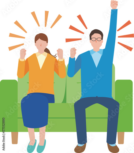 ソファーに座って応援する男女