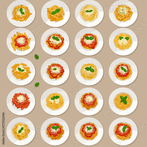 Top-down vector illustration of twenty-four different plates of Italian pasta with various sauces and garnishes.