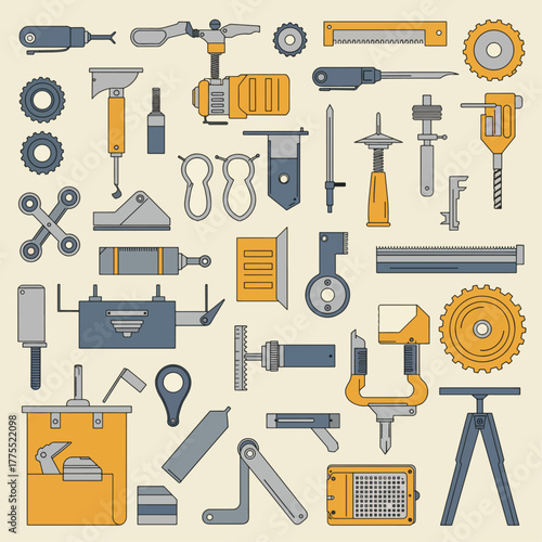 Flat illustration of a vibrant orange and pink cocktail shaker set with bar spoons, jigger, and strainer on a light blue background, perfect for mixology.