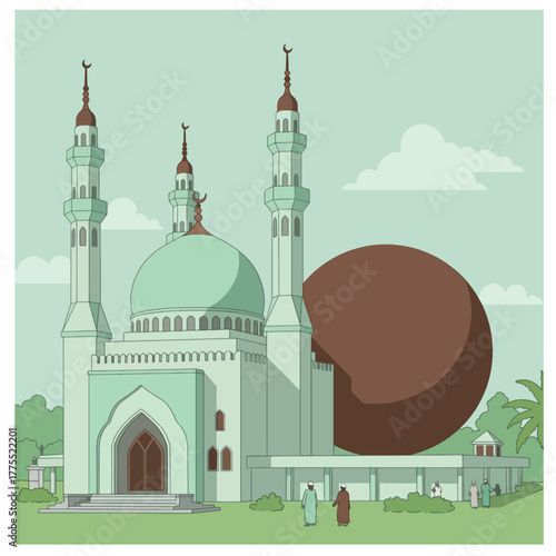 Flat illustration of a vibrant orange and pink cocktail shaker set with bar spoons, jigger, and strainer on a light blue background, perfect for mixology.