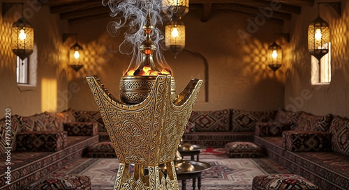 Ornate incense burner smoking in a traditionally decorated, warm room