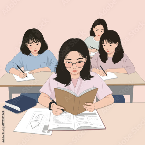 Flat illustration of a vibrant orange and pink cocktail shaker set with bar spoons, jigger, and strainer on a light blue background, perfect for mixology.