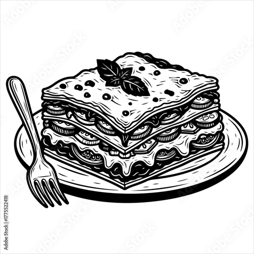A black and white hand-drawn illustration of a slice of layered lasagna on a plate with a fork and basil garnish.