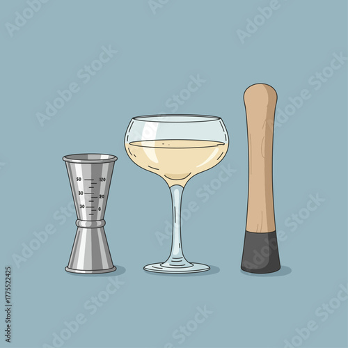 Illustration of bar tools including a jigger, a coupe glass with a cocktail, and a muddler on a blue background.