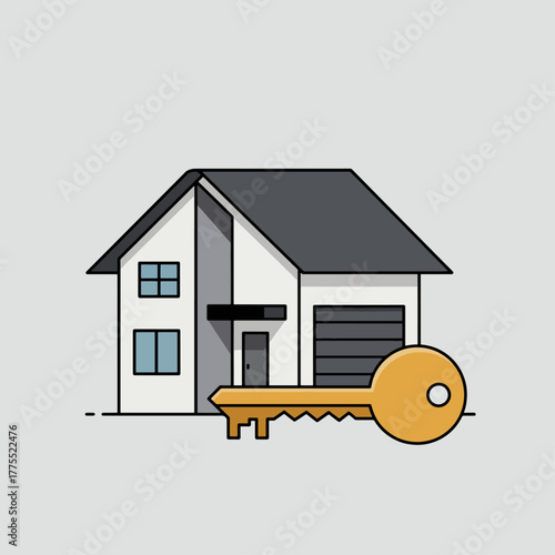 Illustration of a house with a large golden key in front, symbolizing home ownership or real estate.