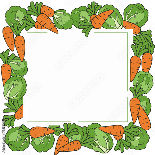 A hand-drawn square frame border made of fresh green lettuce and orange carrots, perfect for recipes or menus.