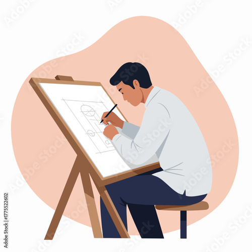 Flat illustration of a vibrant orange and pink cocktail shaker set with bar spoons, jigger, and strainer on a light blue background, perfect for mixology.