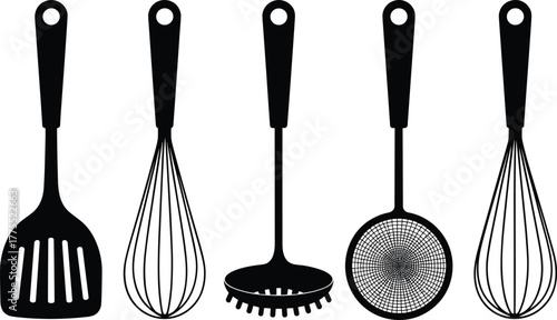 Kitchen utensils, cooking tools, black handle, spatula, whisk, pasta server, skimmer, spider strainer, culinary equipment, food preparation, cookware