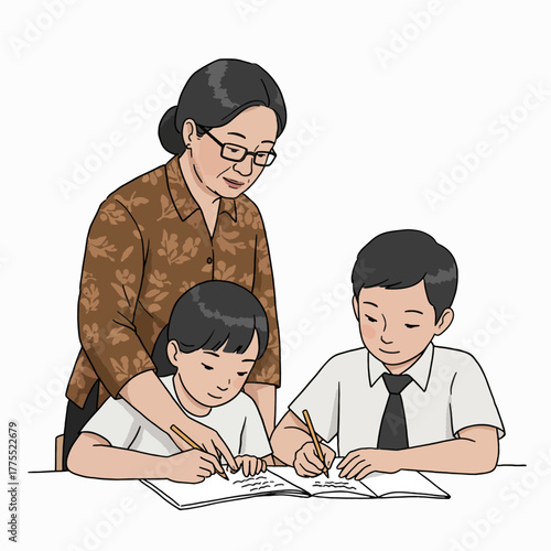 Illustration of a grandmother helping her grandchildren with their homework.