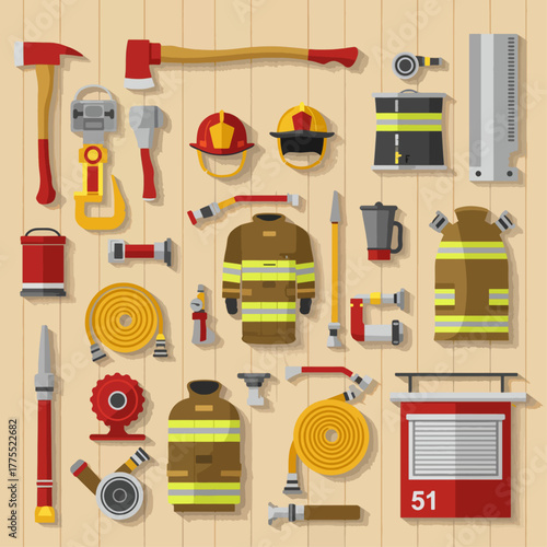 Flat lay vector illustration of essential firefighter equipment and professional gear on a wooden background.