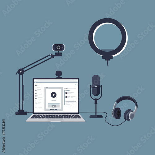 Professional live streaming and podcasting equipment setup with laptop, microphone, webcam, and ring light.