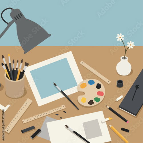 Flat illustration of a vibrant orange and pink cocktail shaker set with bar spoons, jigger, and strainer on a light blue background, perfect for mixology.