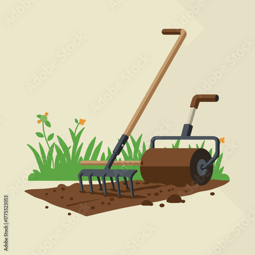Gardening tools, including a rake and a soil roller, on a patch of tilled earth with green grass and small plants in the background, illustrating garden preparation.