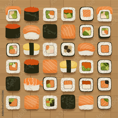 A vibrant, top-down illustration showcasing a diverse assortment of sushi rolls arranged neatly on a bamboo mat.