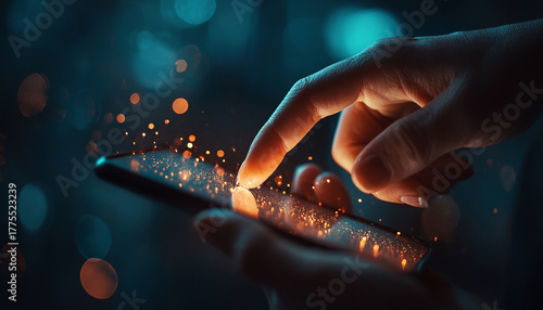 A hand is pointing at a cell phone screen with a glowing finger