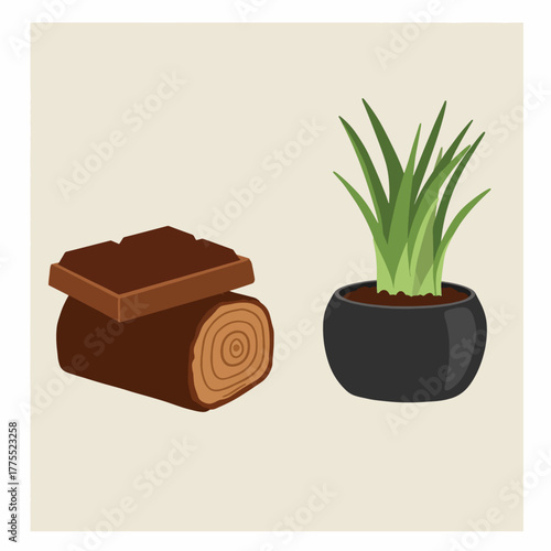 A chocolate log cake with two pieces of chocolate on top and a potted green plant in a black pot.