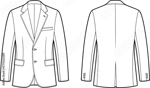 Men blazer, suit jacket, fashion flat sketch, technical drawing, apparel design, clothing template, tailoring illustration, front back view, vector garment design